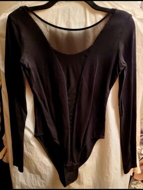 American Apparel Black Long Sleeve Scoop-Neck Mesh Front Bodysuit